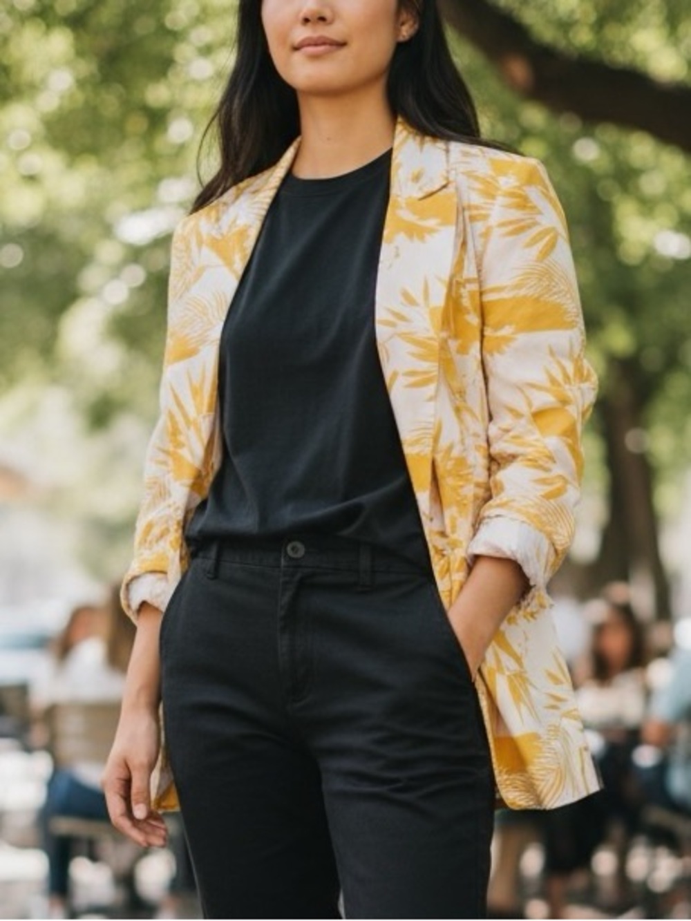 BCBGMAXAZRIA Oversized Taffeta Blazer NWT Mustard Tropical Leaf Large/XL